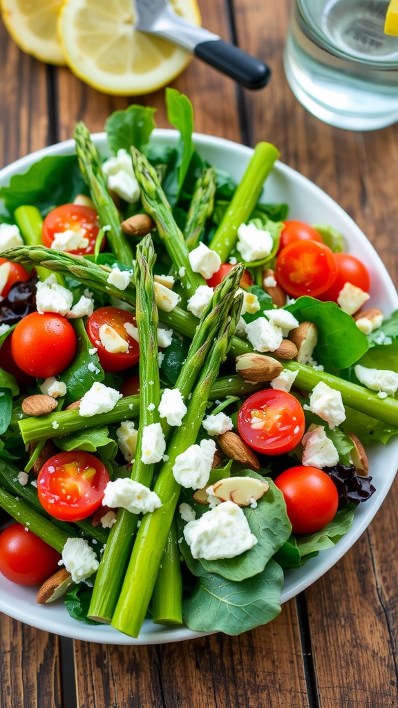 A colorful asparagus salad with greens, tomatoes, almonds, and feta cheese, drizzled with lemon dressing.